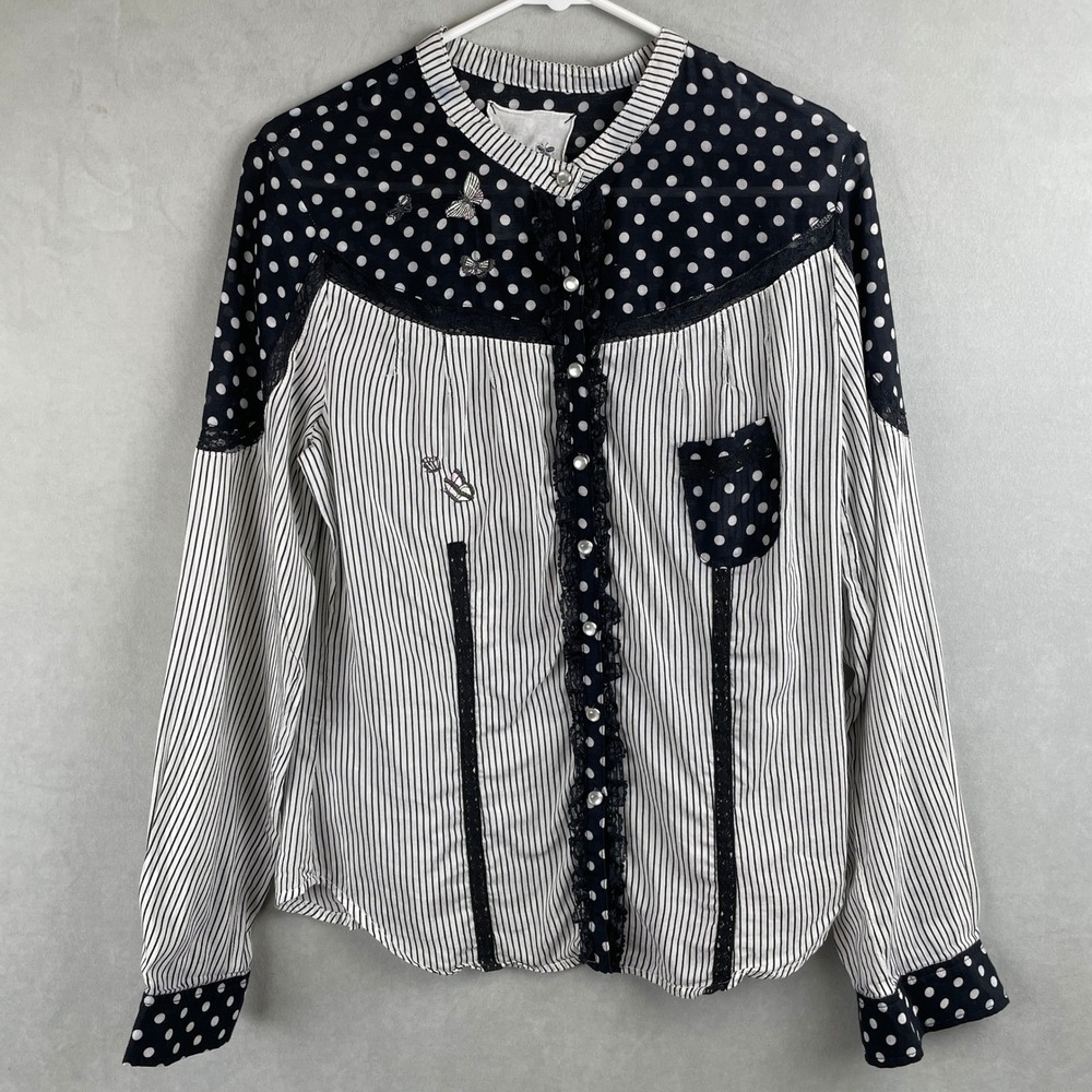 Luluvia Silk Cotton Embroidered Butterfly Floral Lace Trim Artisan Blouse M Read